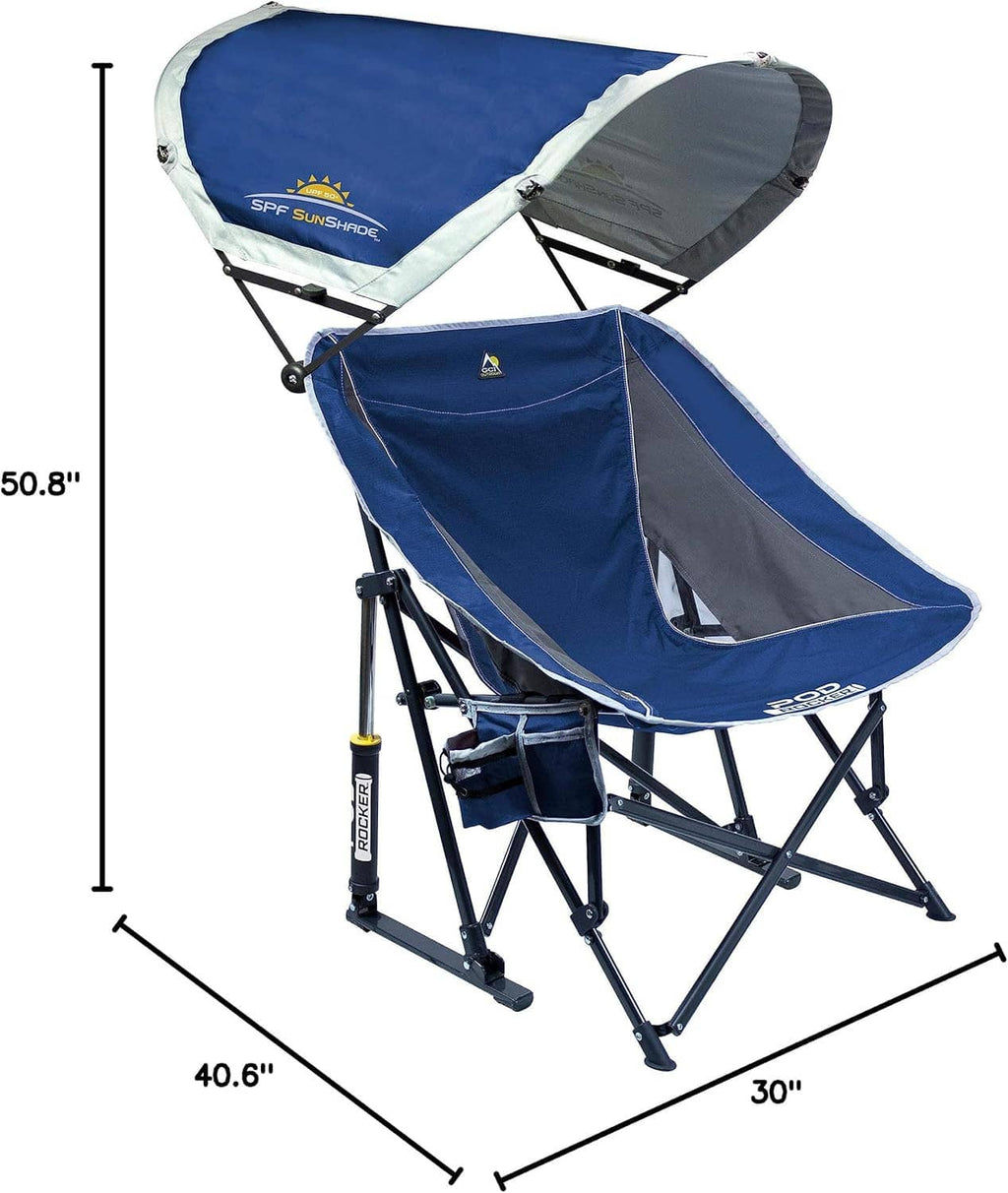 Blue rocking chair with sunshade canopy, open side mesh panel, folding frame
