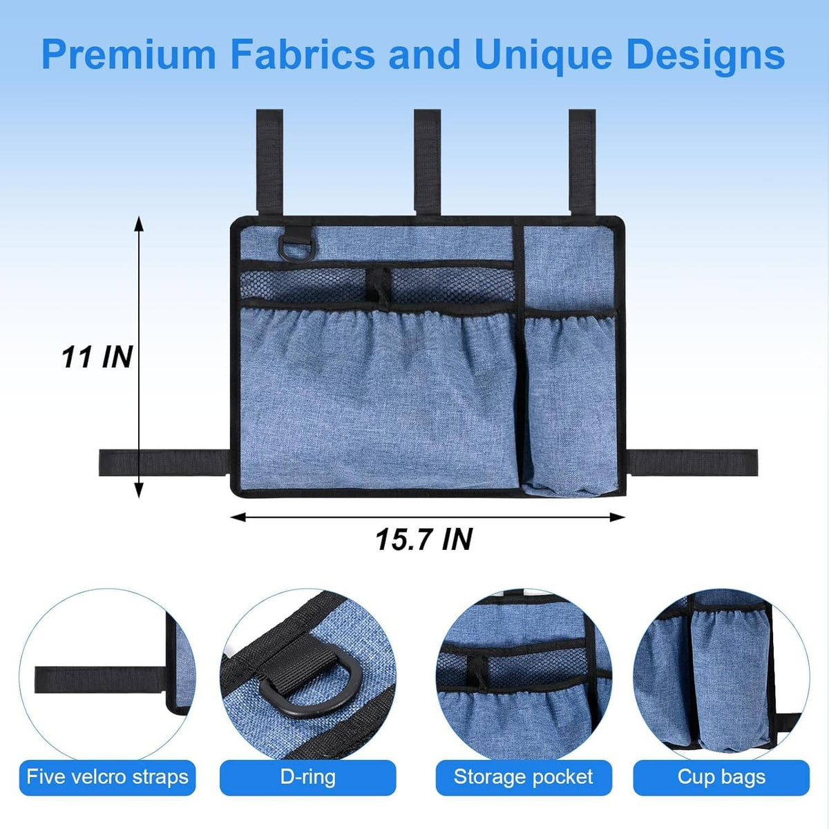 Blue denim walker bag with 5 velcro straps and front storage pockets
