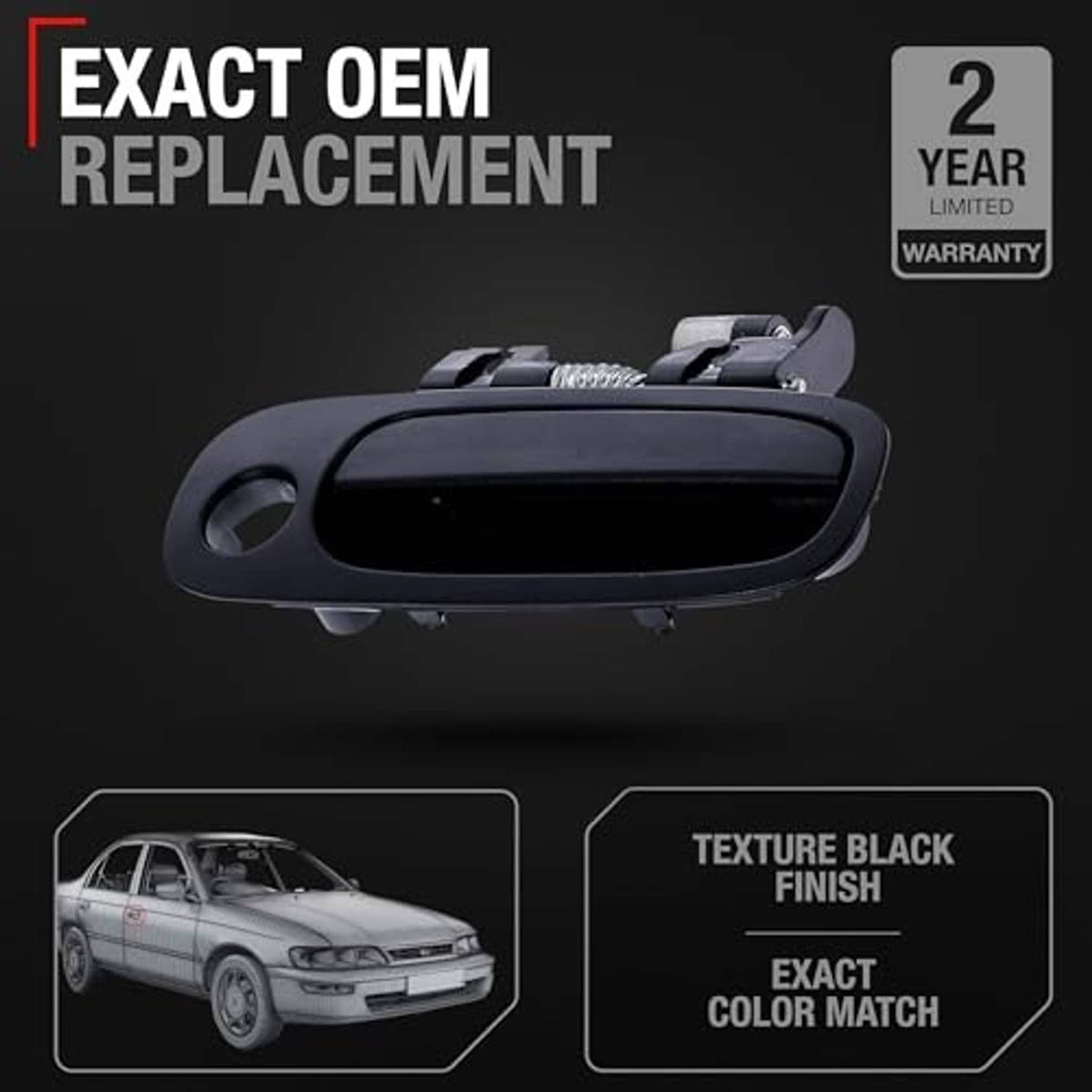 Dark exterior front passenger door handle with mounting clips and spring mechanism