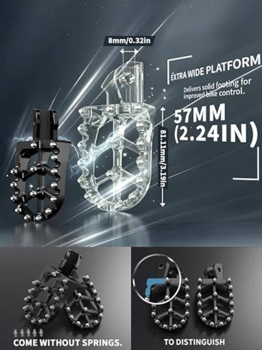 Black extra-wide platform foot pegs with raised traction studs for dirt bikes