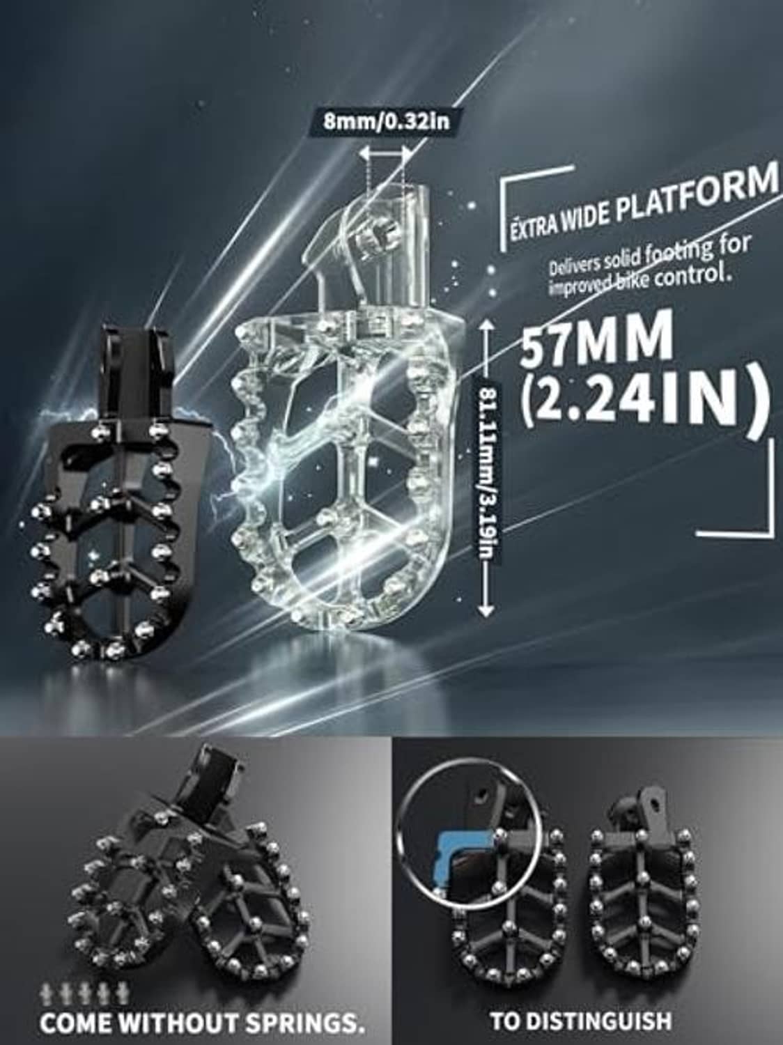 Black extra-wide platform foot pegs with raised traction studs for dirt bikes