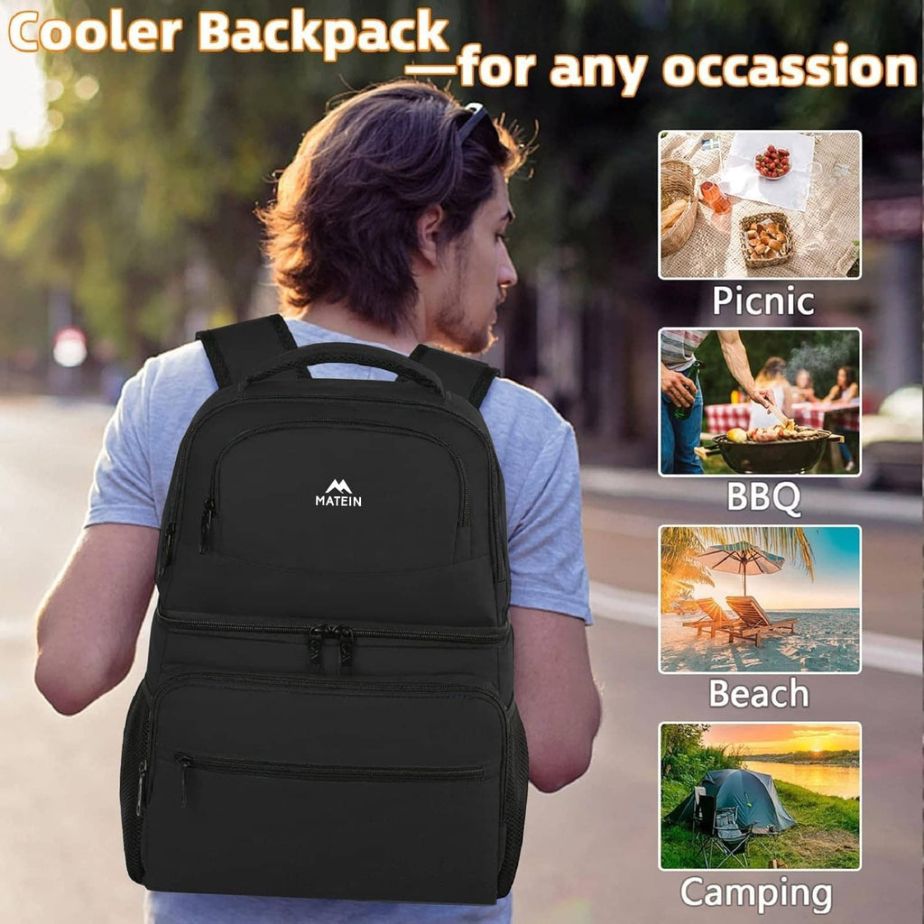 Black insulated cooler backpack worn on a person, shown from the back at an outing.