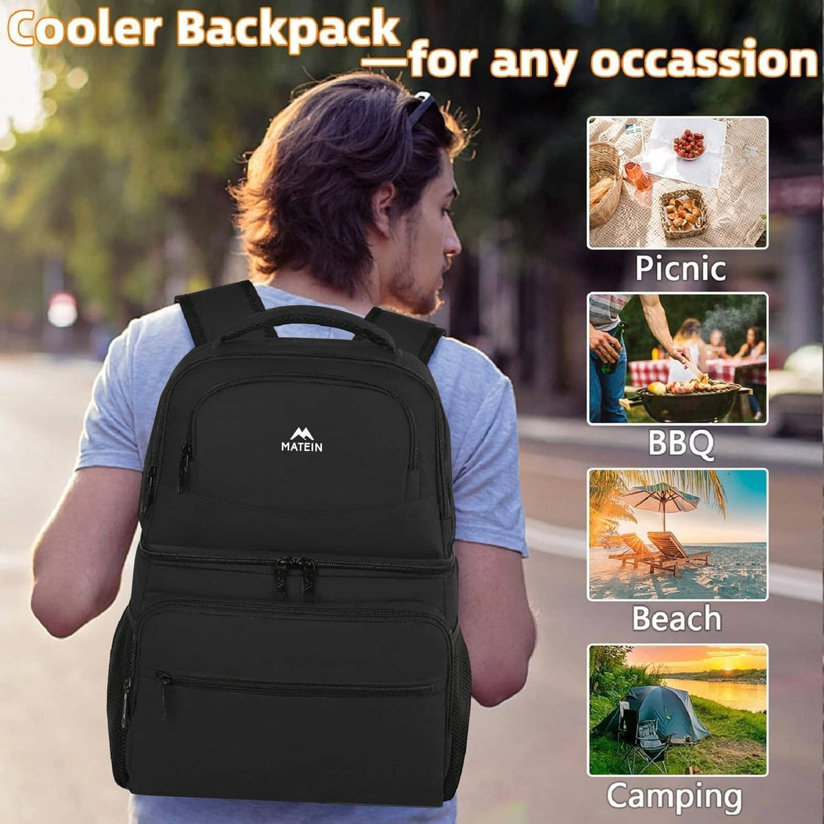 Black insulated cooler backpack worn on a person, shown from the back at an outing.