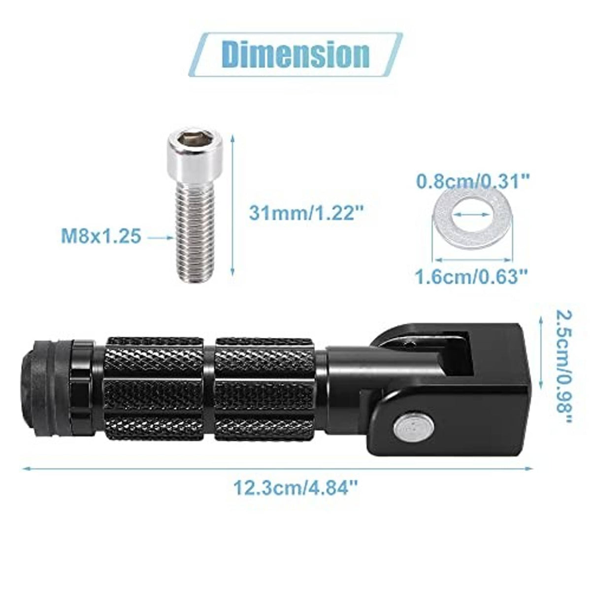 Black folding motorcycle rearset peg with silver bolt and knurled grip