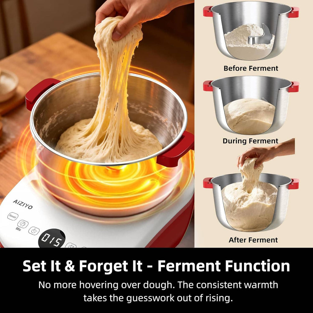 Dough mixer with bowl showing rising dough, red side handles, and white base
