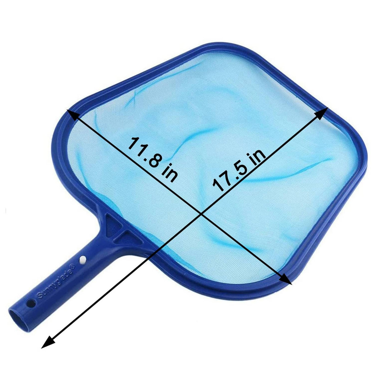 Blue rectangular pool skimmer net with mesh bag and long handle