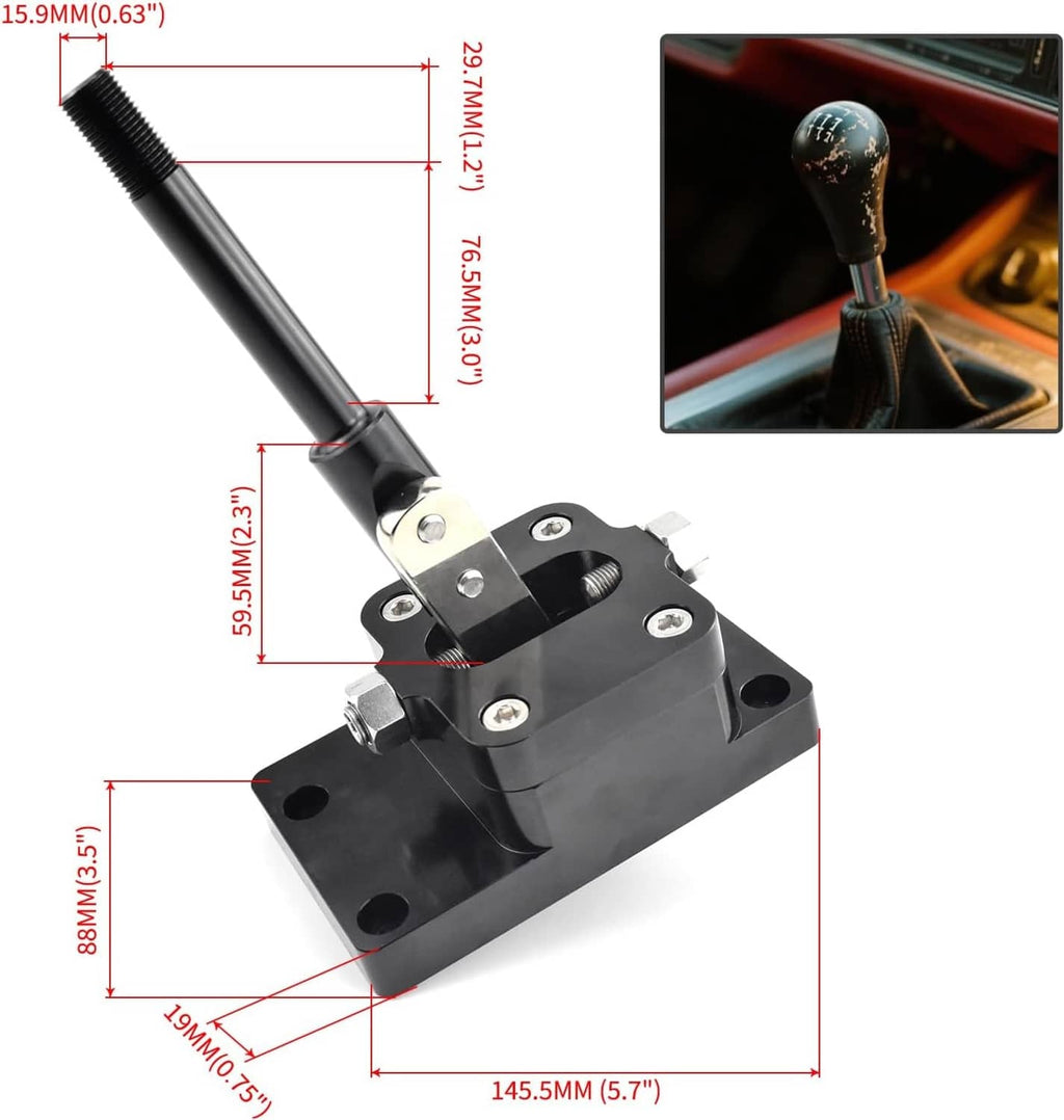 Black billet short throw shifter assembly with threaded lever and bolted mounting base