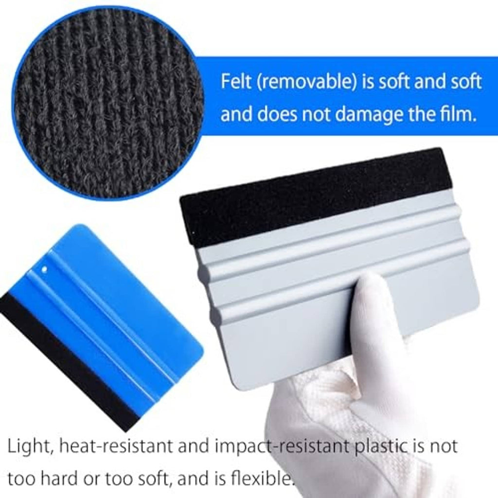 Felt removable vinyl wrap squeegees: gray and blue blades with textured black felt strip