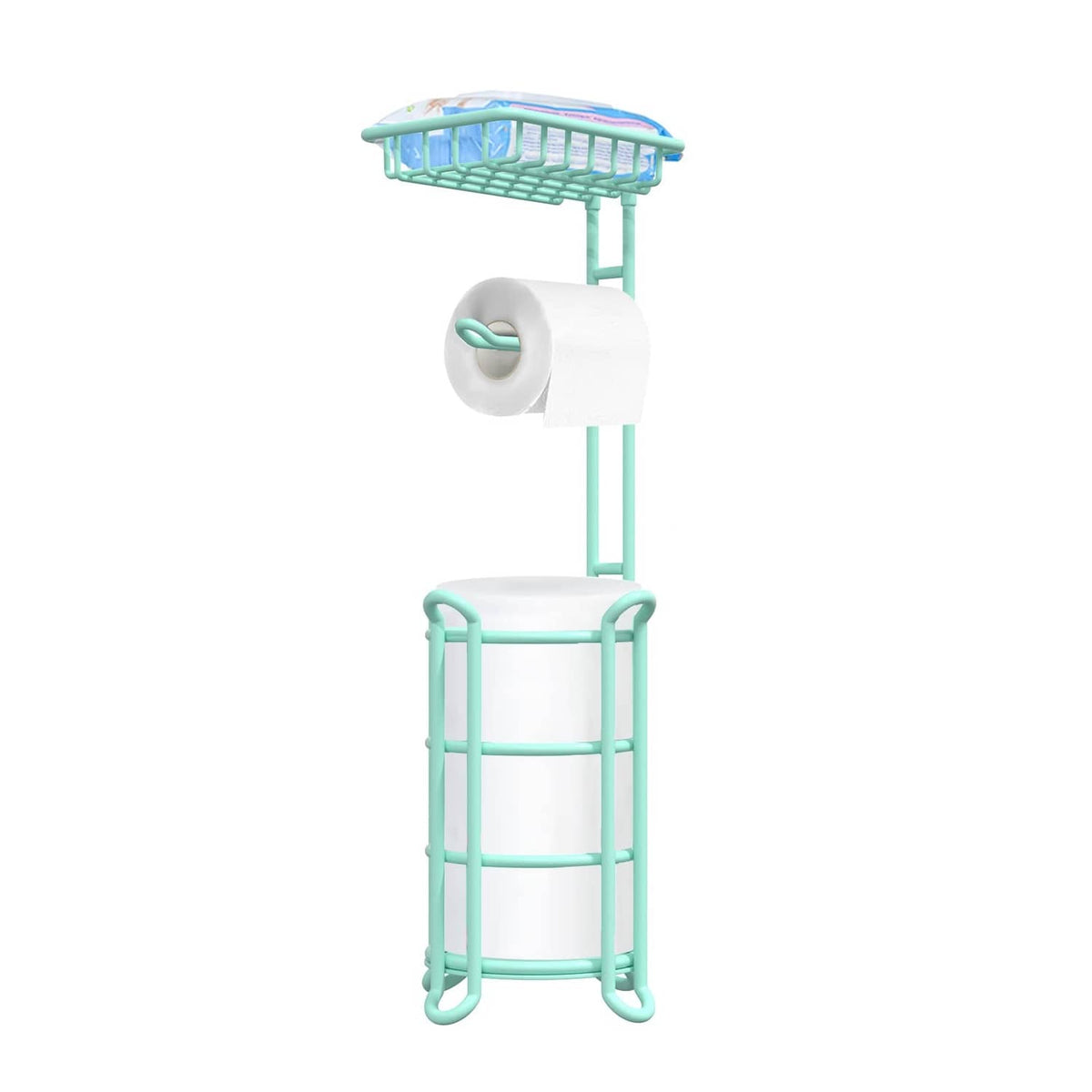 Mint toilet paper roll holder stand with top wire basket and tissue roll