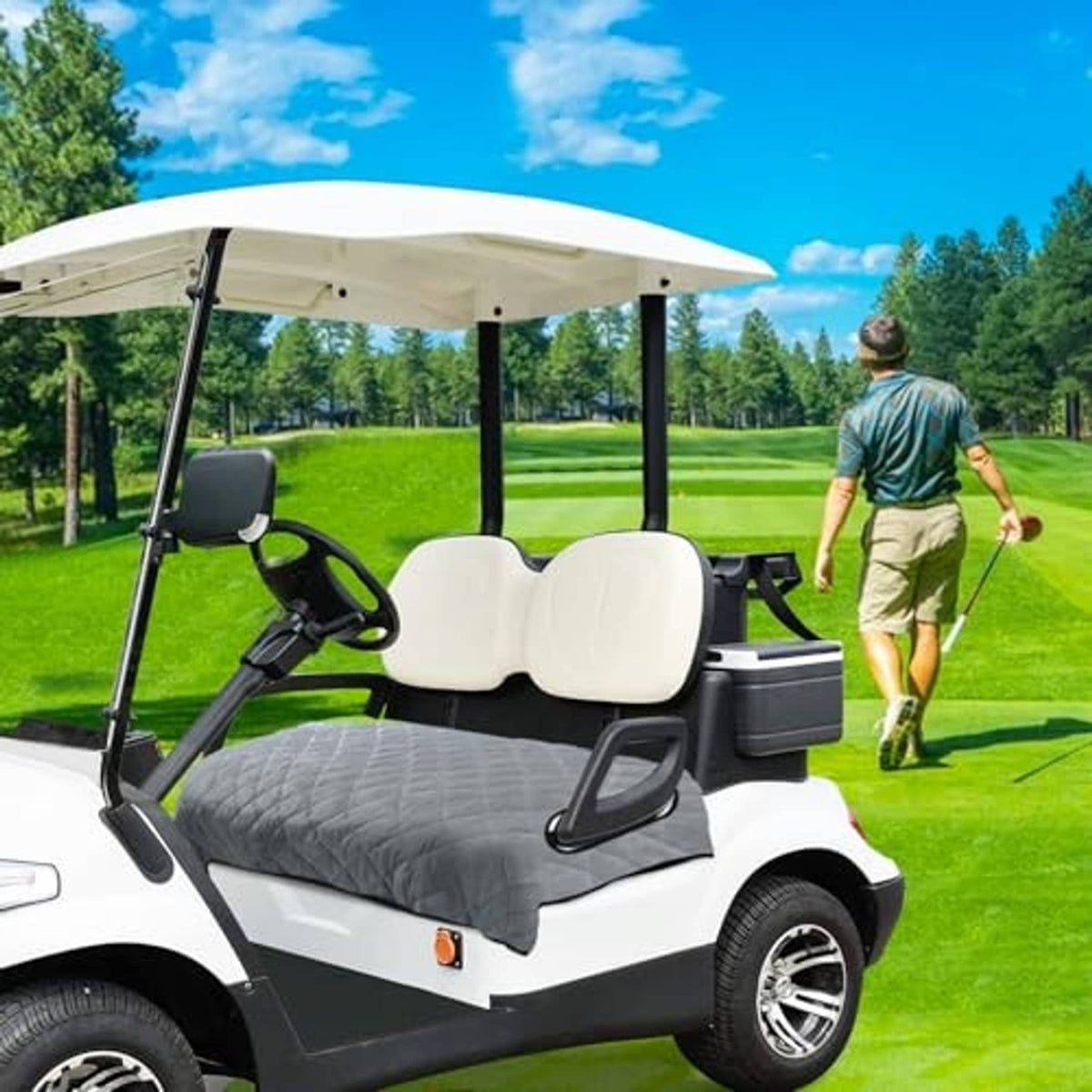Light gray quilted plush golf cart seat cover blanket on passenger bench