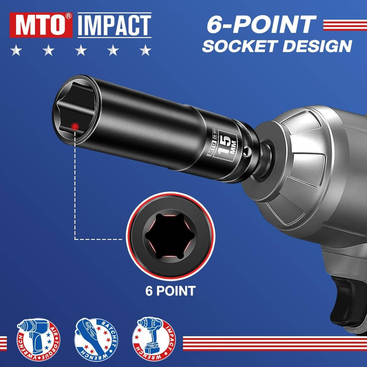 Black 15mm deep 6-point impact socket, 1/2" drive, 6-point socket opening