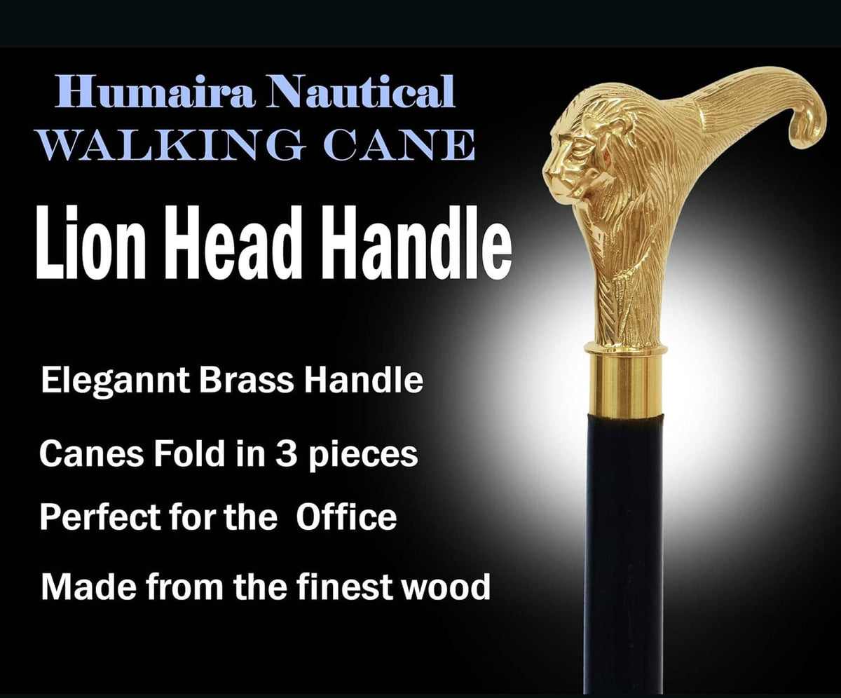 Brass lion-head handle walking cane on black shaft with gold collar, shown upright