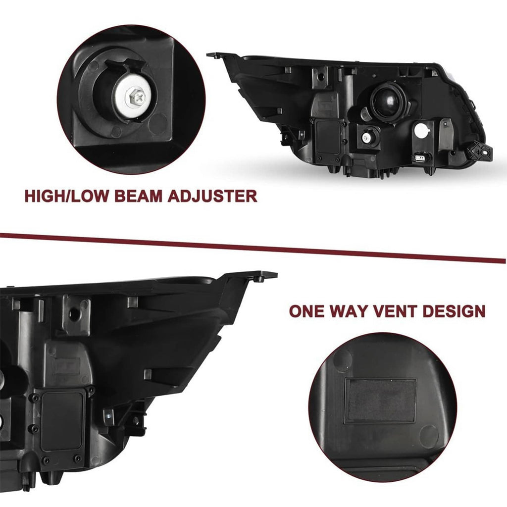 Headlight assembly rear housing with adjustable beam control and vent details
