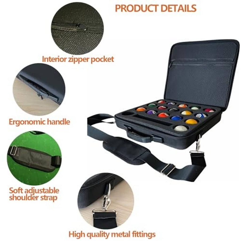 Hard pool ball carrying case with ergonomic handle and interior zipper pocket, dark gray.