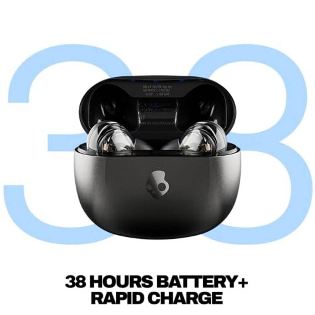 Black open charging case with earbuds inside