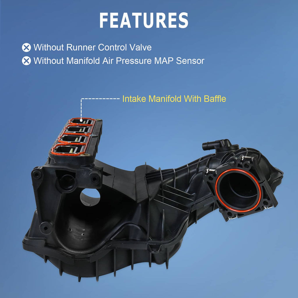 Black intake manifold assembly with round air inlet port and baffle section
