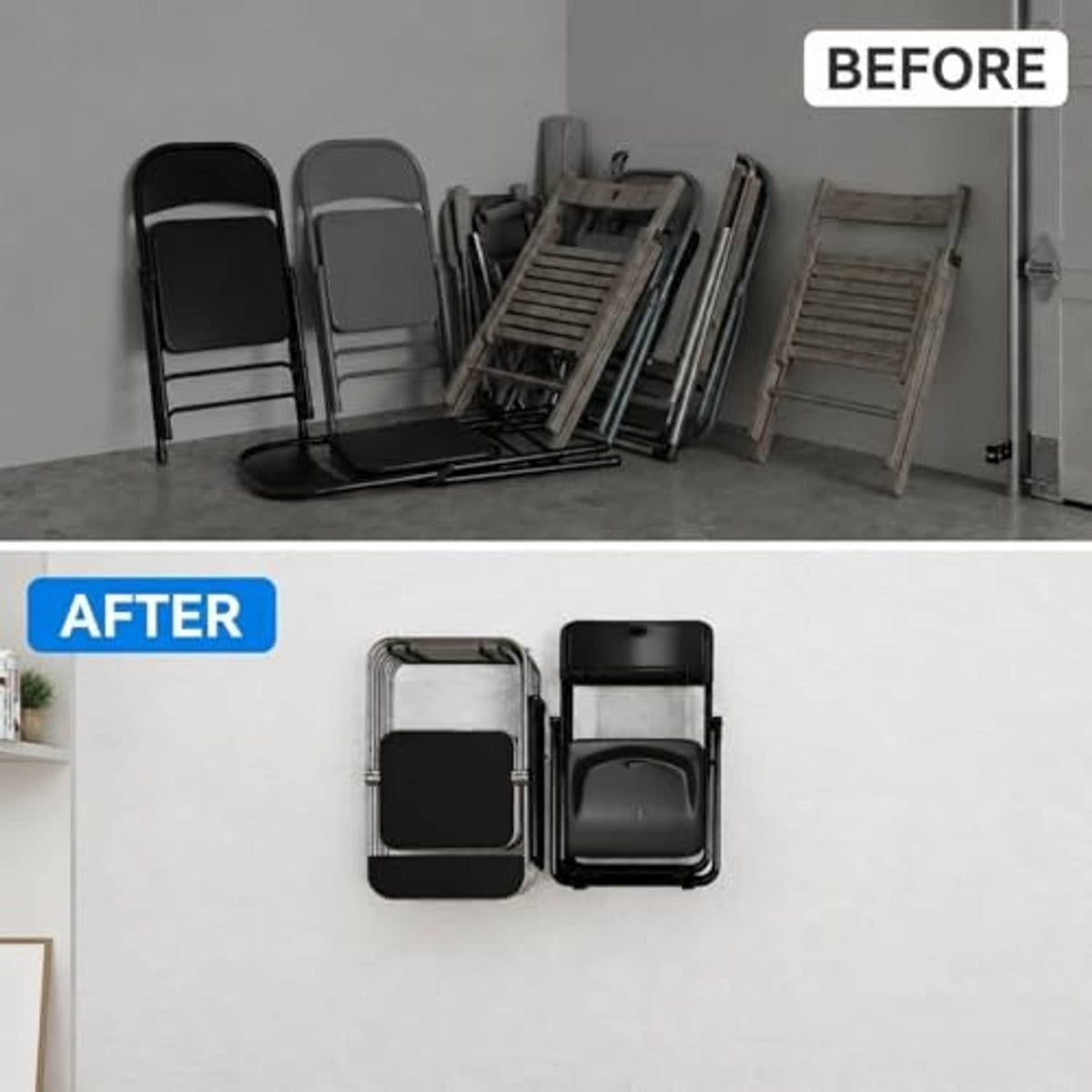 Wall-mounted folding chair storage rack holding two black folding chairs against wall