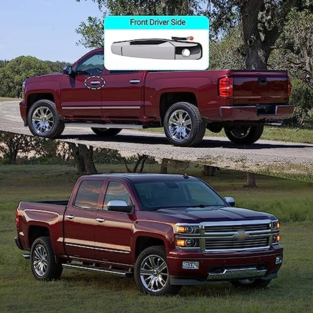 Chrome exterior door handle on front driver-side door of a pickup truck