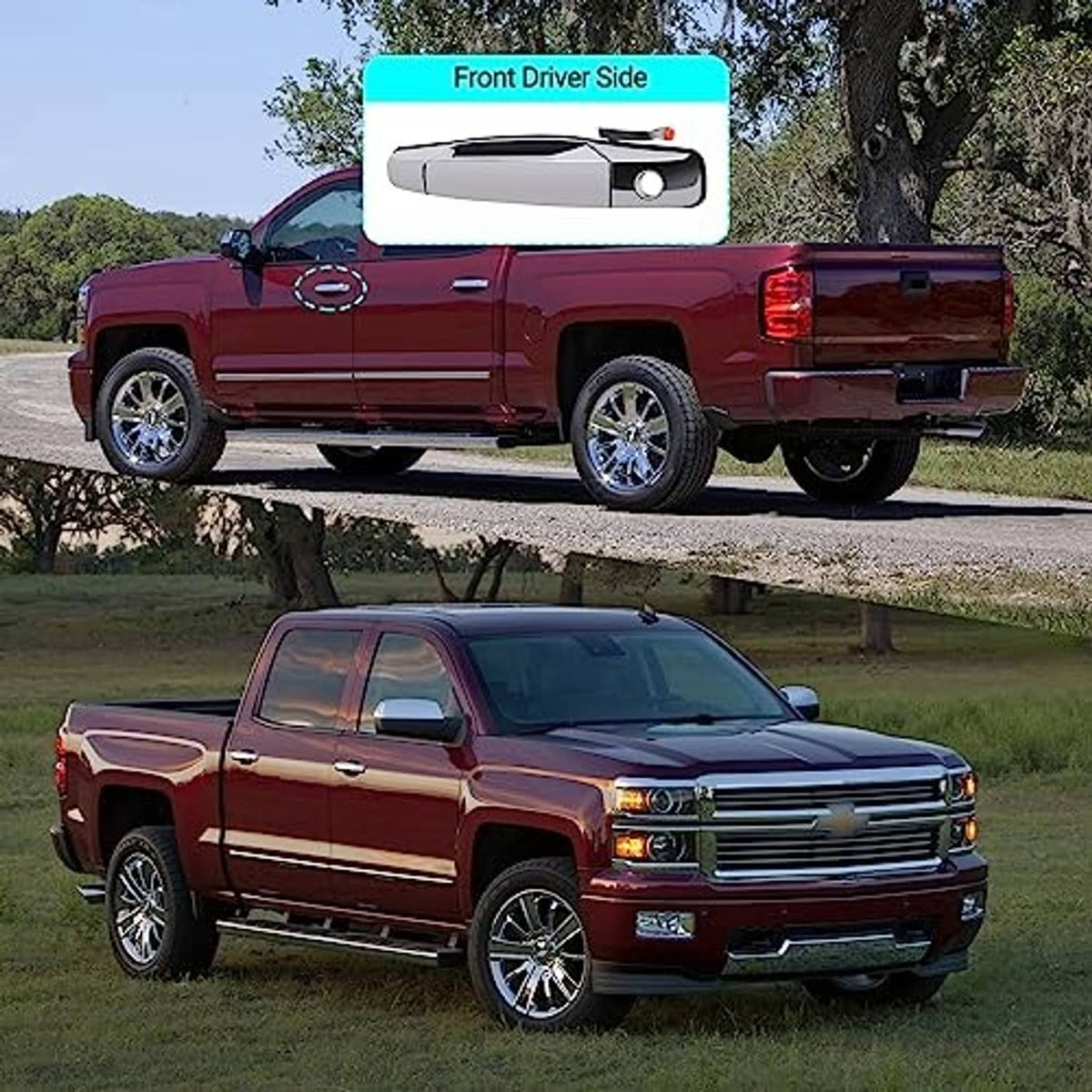Chrome exterior door handle on front driver-side door of a pickup truck