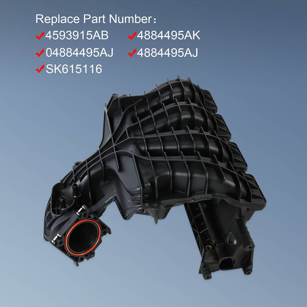 Black intake manifold with circular intake port and electrical connector bracket