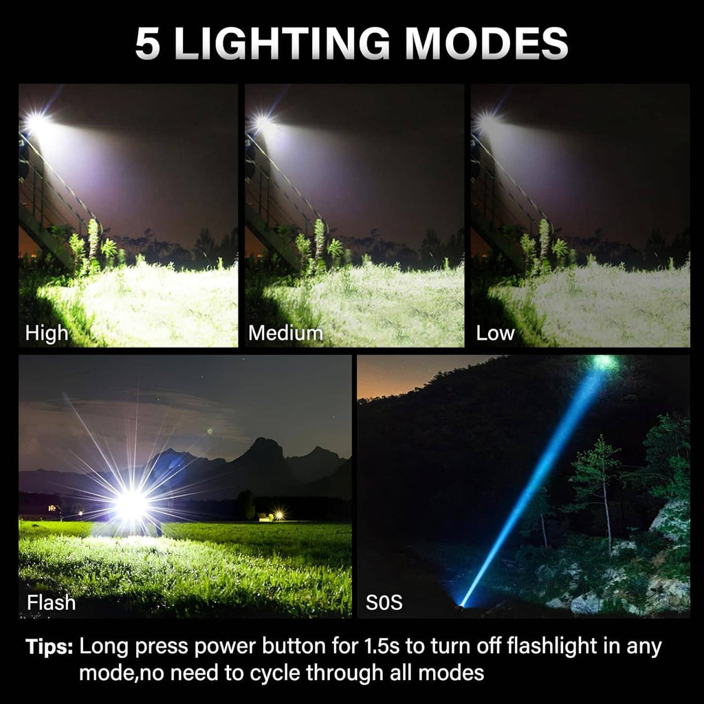 Black rechargeable LED flashlight with five lighting modes: high, medium, low, flash, SOS