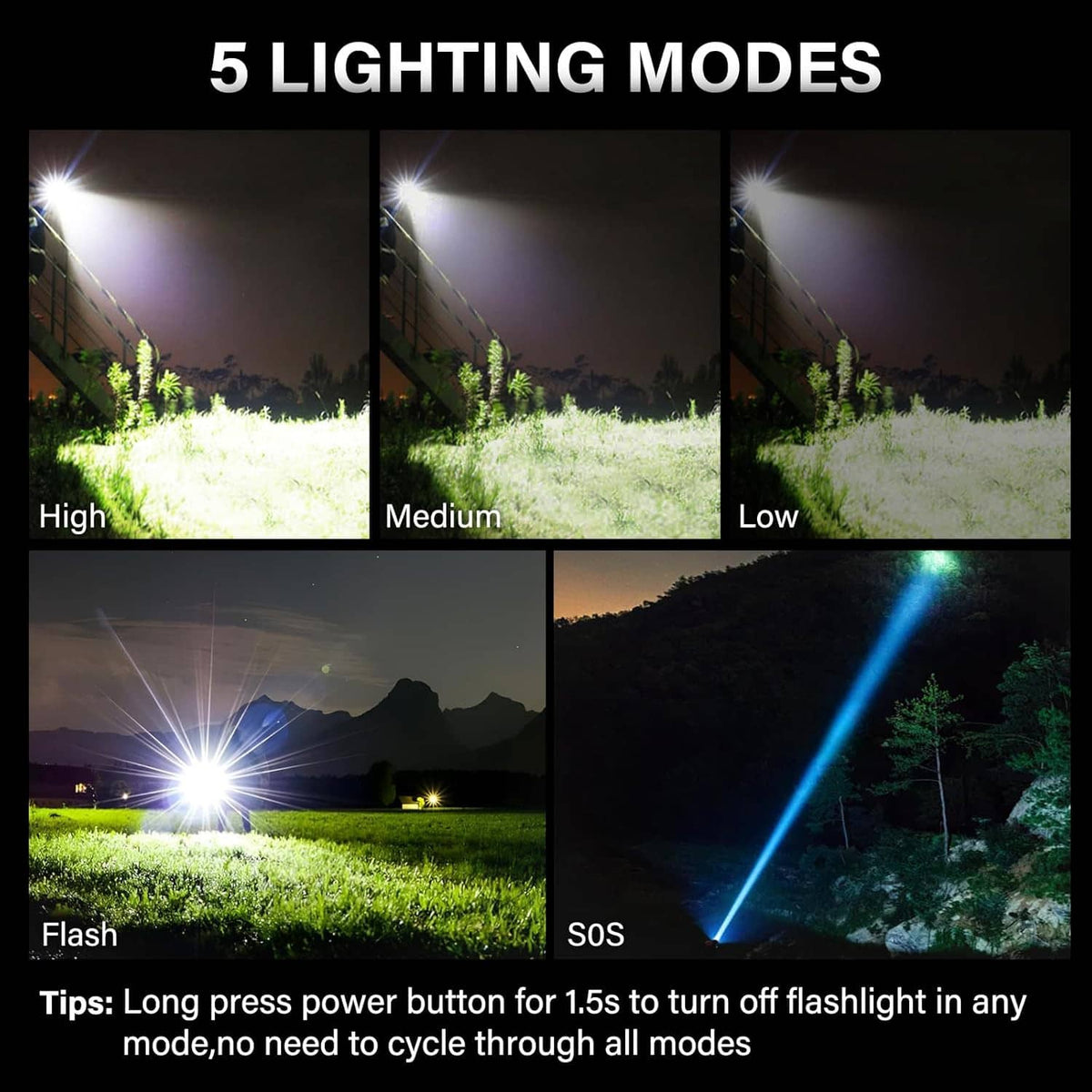 Black rechargeable LED flashlight with five lighting modes: high, medium, low, flash, SOS
