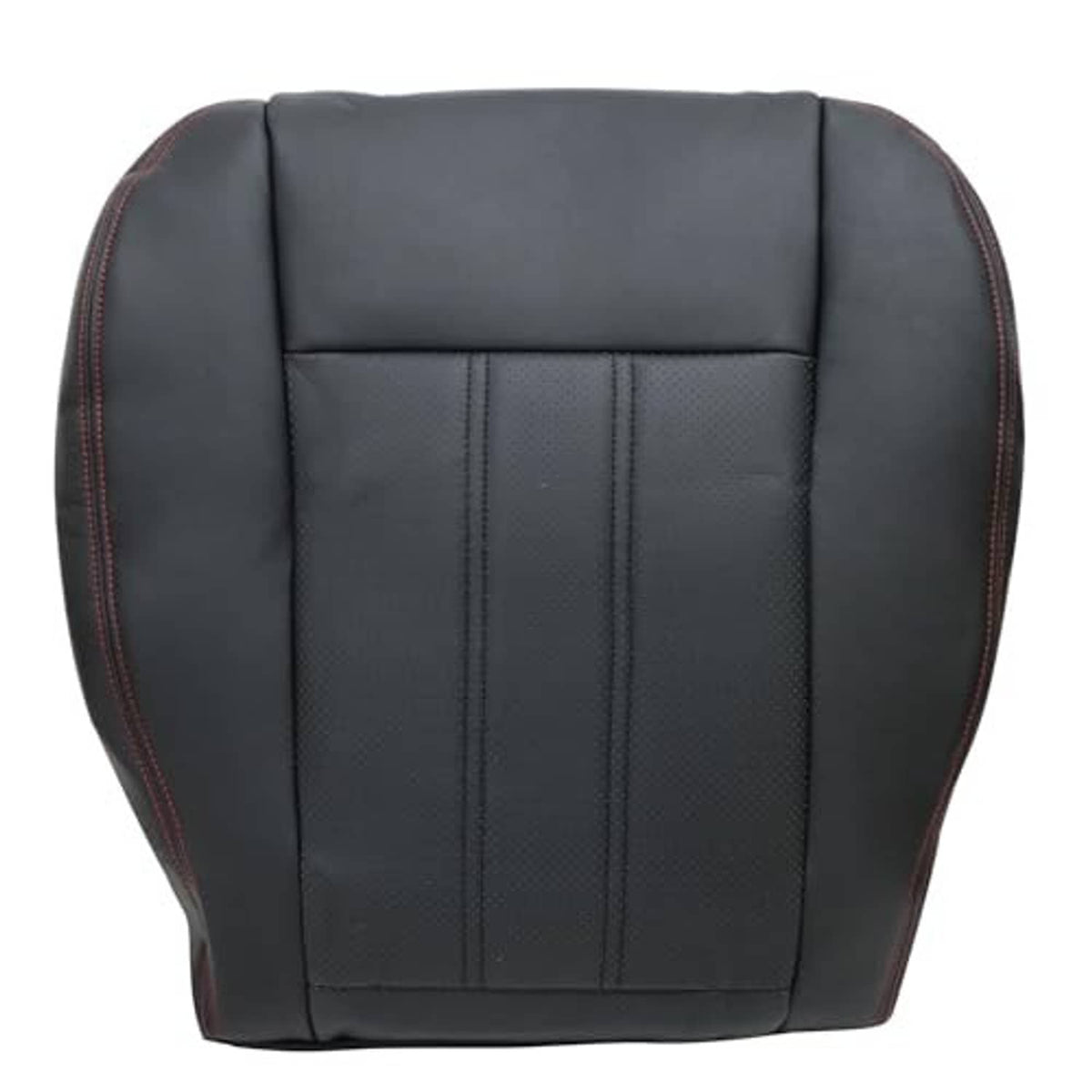 Black leather seat bottom cover with red stitching and vertical quilted panels on top