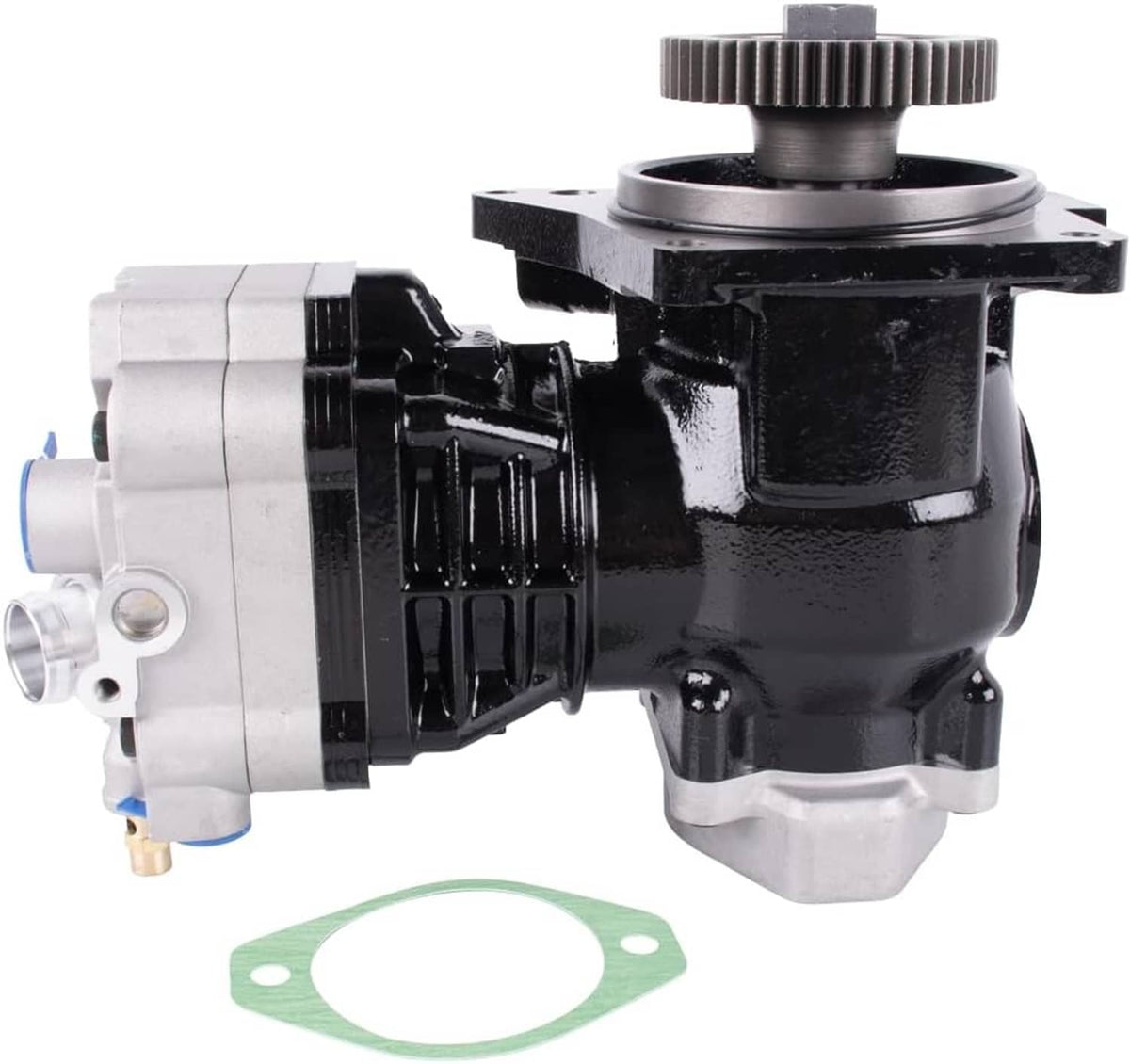 Truck air brake compressor side view with gear housing, black casing, silver mount, gasket.