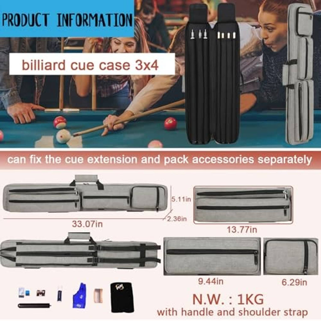 Black 3x4 pool cue case with multiple cue slots and external accessory pouches