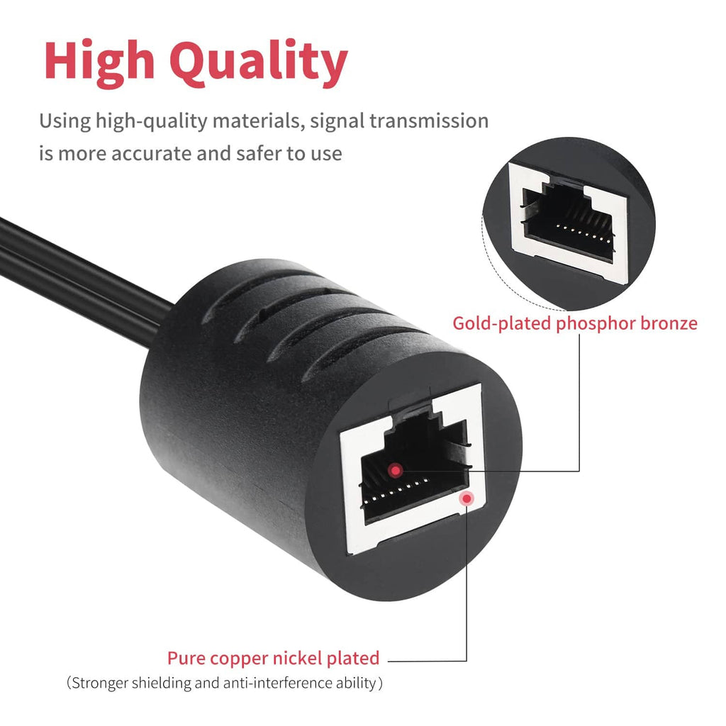 Two black audio balun adapters with RJ45 ports and stereo RCA red/white tips