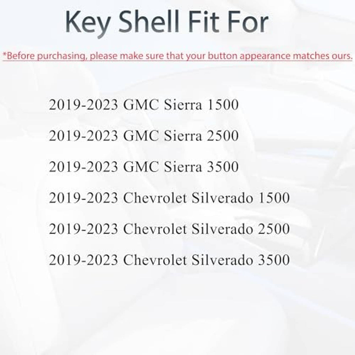 Key fob shell fitment compatibility list for 2019–2023 GMC and Chevrolet models