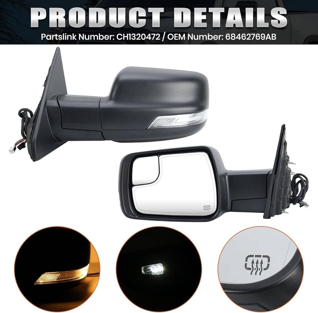 Heated power folding driver side mirror with turn signal and heating icon, dark housing