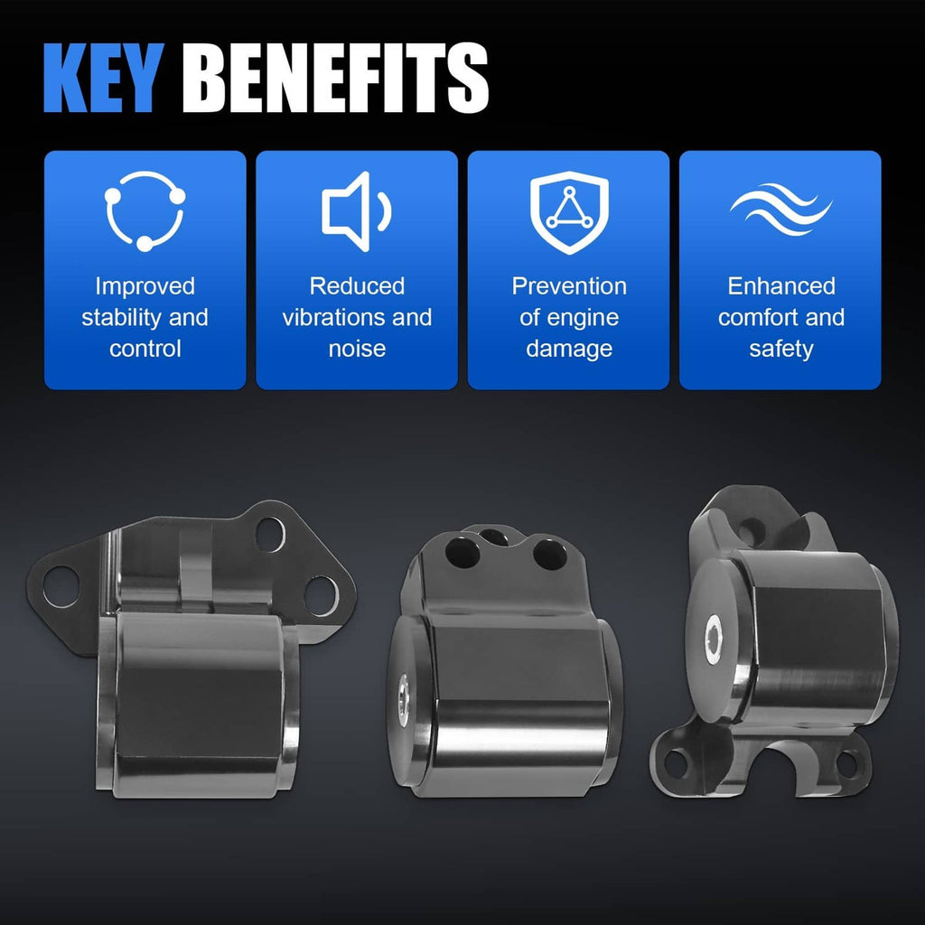 Engine motor mount bracket kit, three silver-and-black mounts