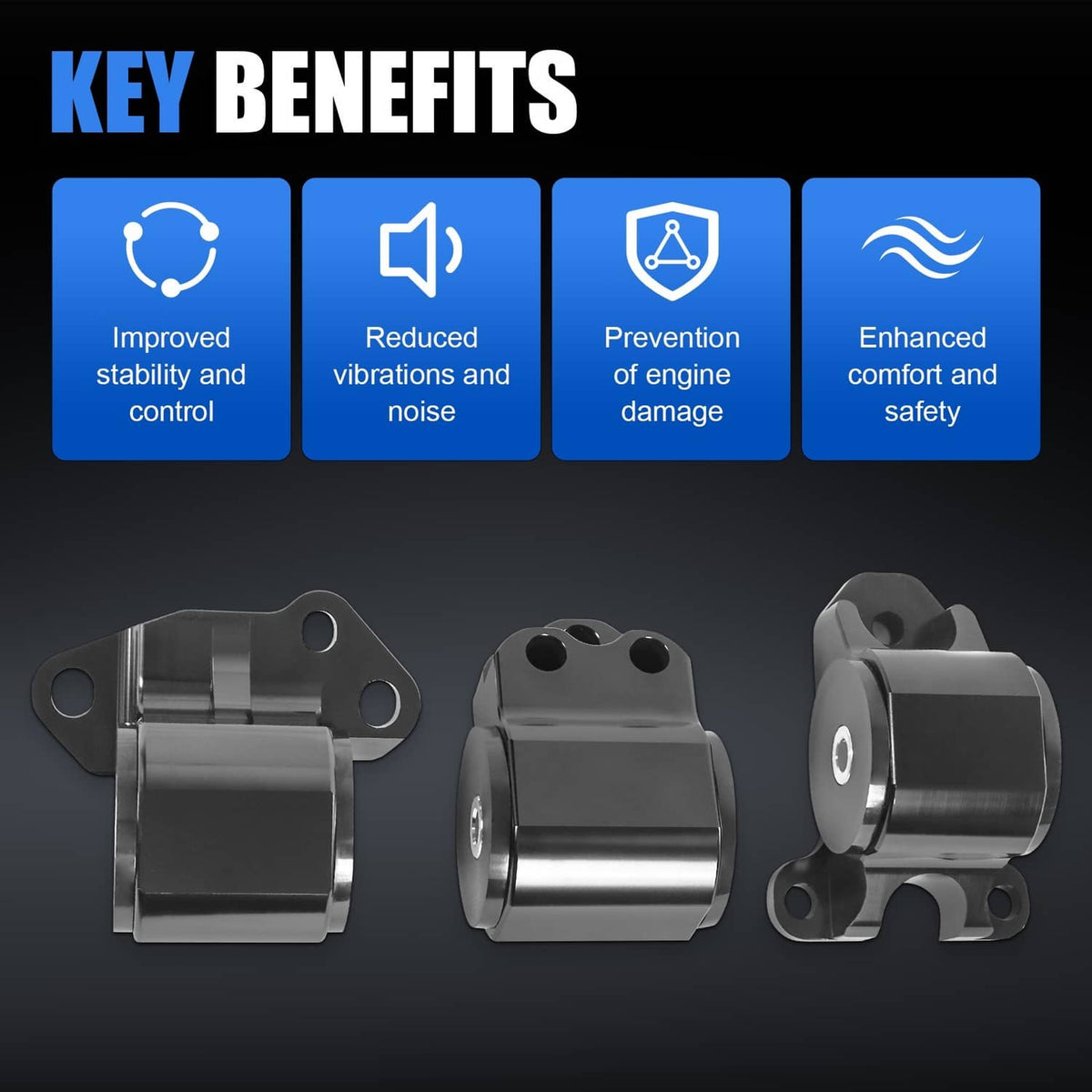 Engine motor mount bracket kit, three silver-and-black mounts