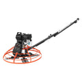 Gas-powered concrete power trowel with long handle and orange steel float guard
