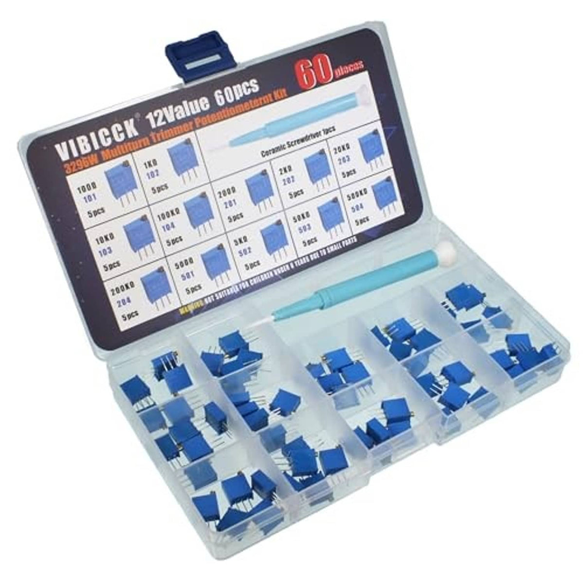 Multiturn trimmer potentiometer kit case with blue components and measuring chart on lid