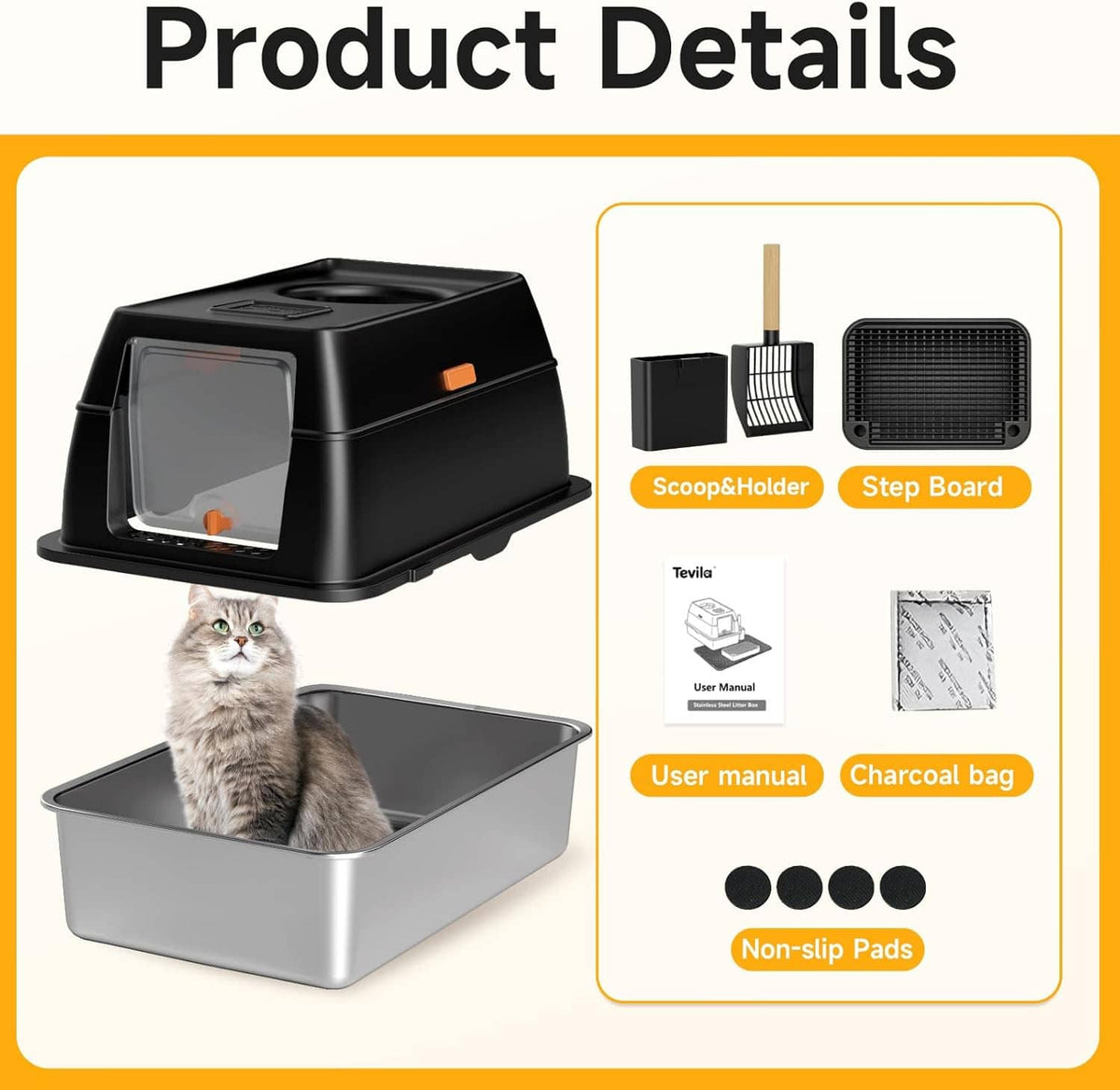 Enclosed cat litter box with lid, step board, and scoop holder on the side