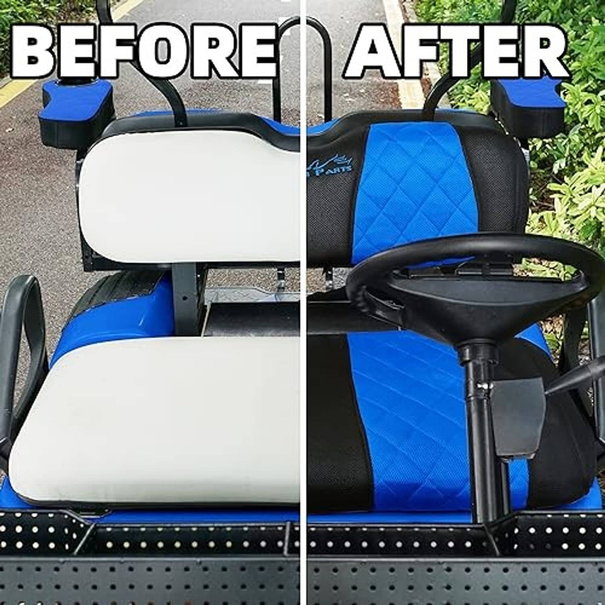 Golf cart seat before-and-after view: blue and black covers with diamond stitching