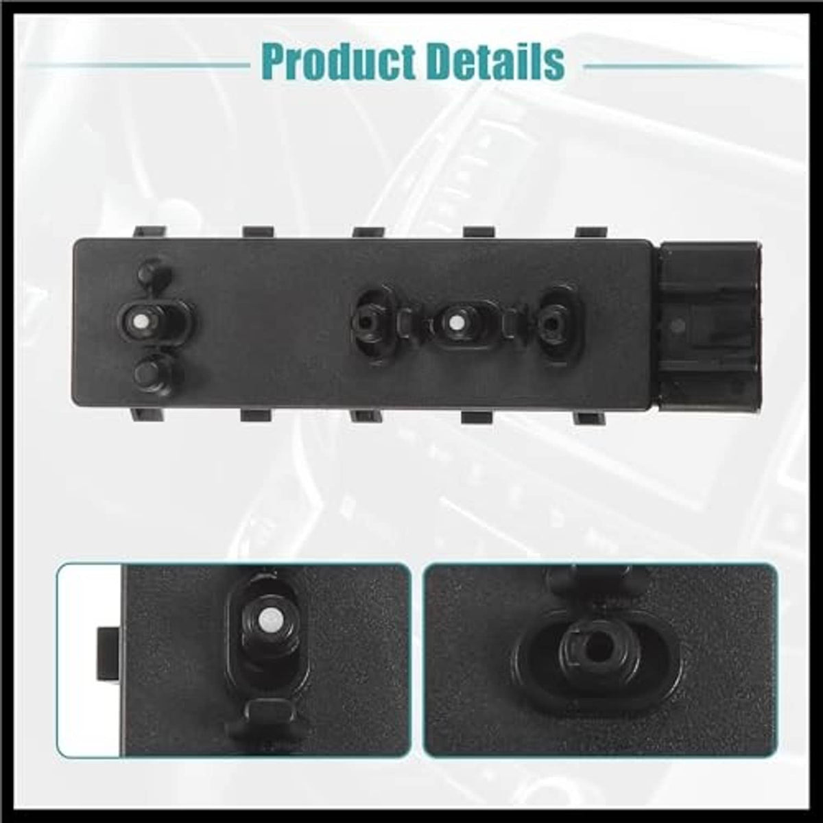 Black power seat switch control module top view with four posts and side plug housing