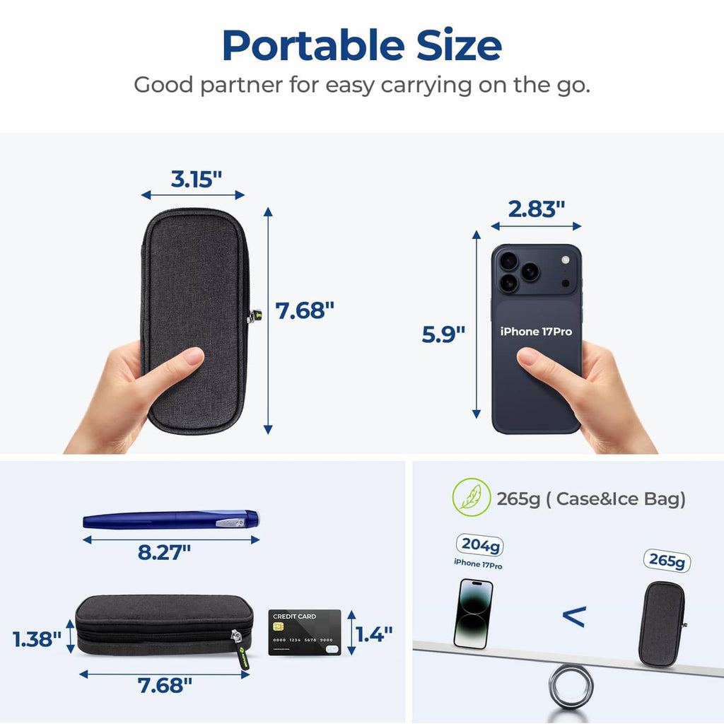 Insulin cooler travel case size diagram with compact black zip case dimensions