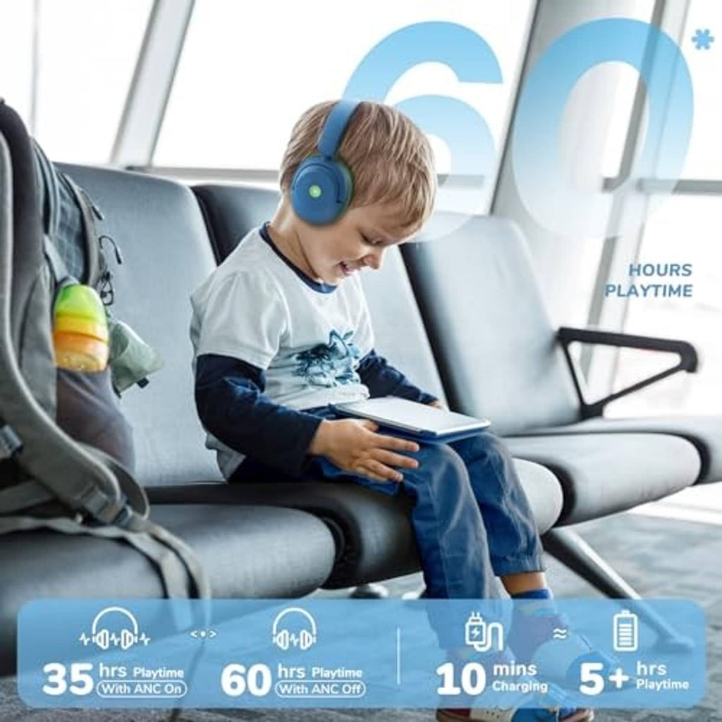 Child wearing blue and green over-ear headphones in the back seat