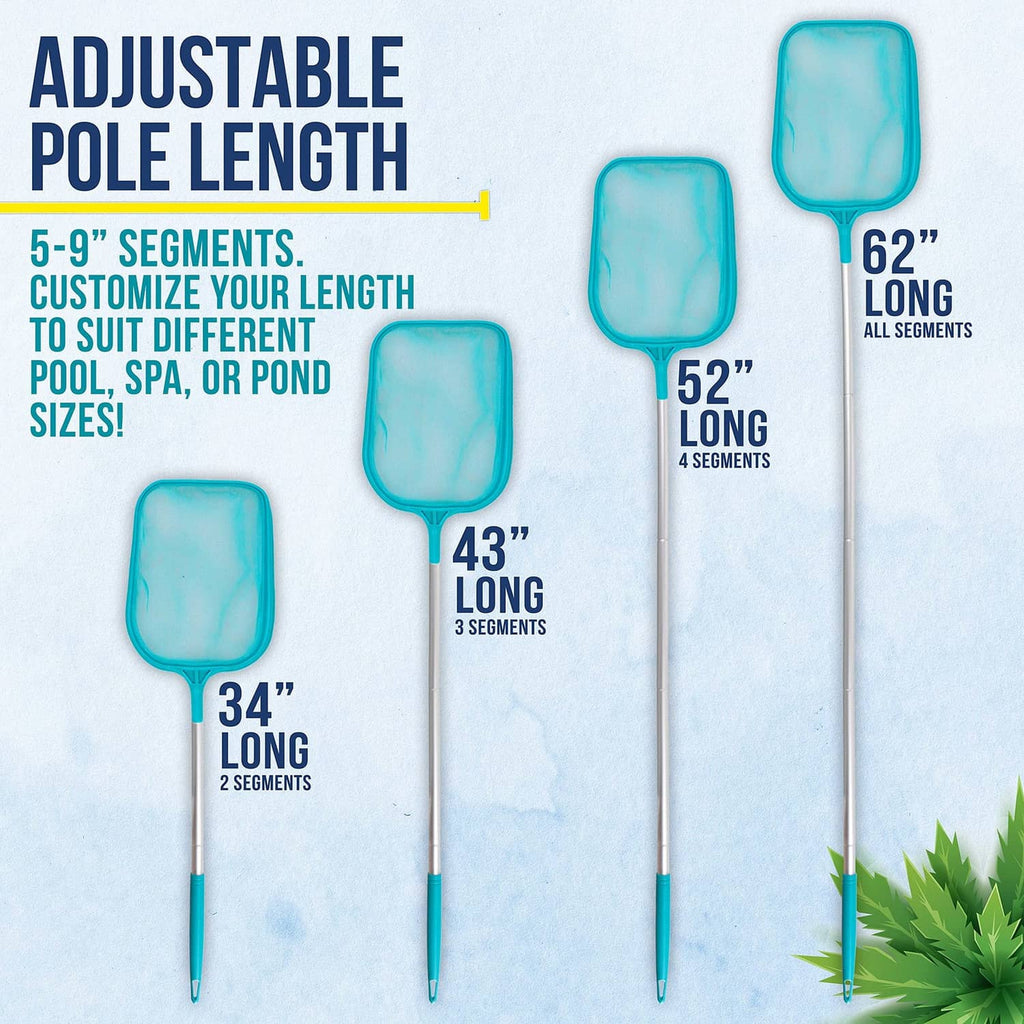 Adjustable leaf skimmer net with teal frames and multiple segmented white pole lengths