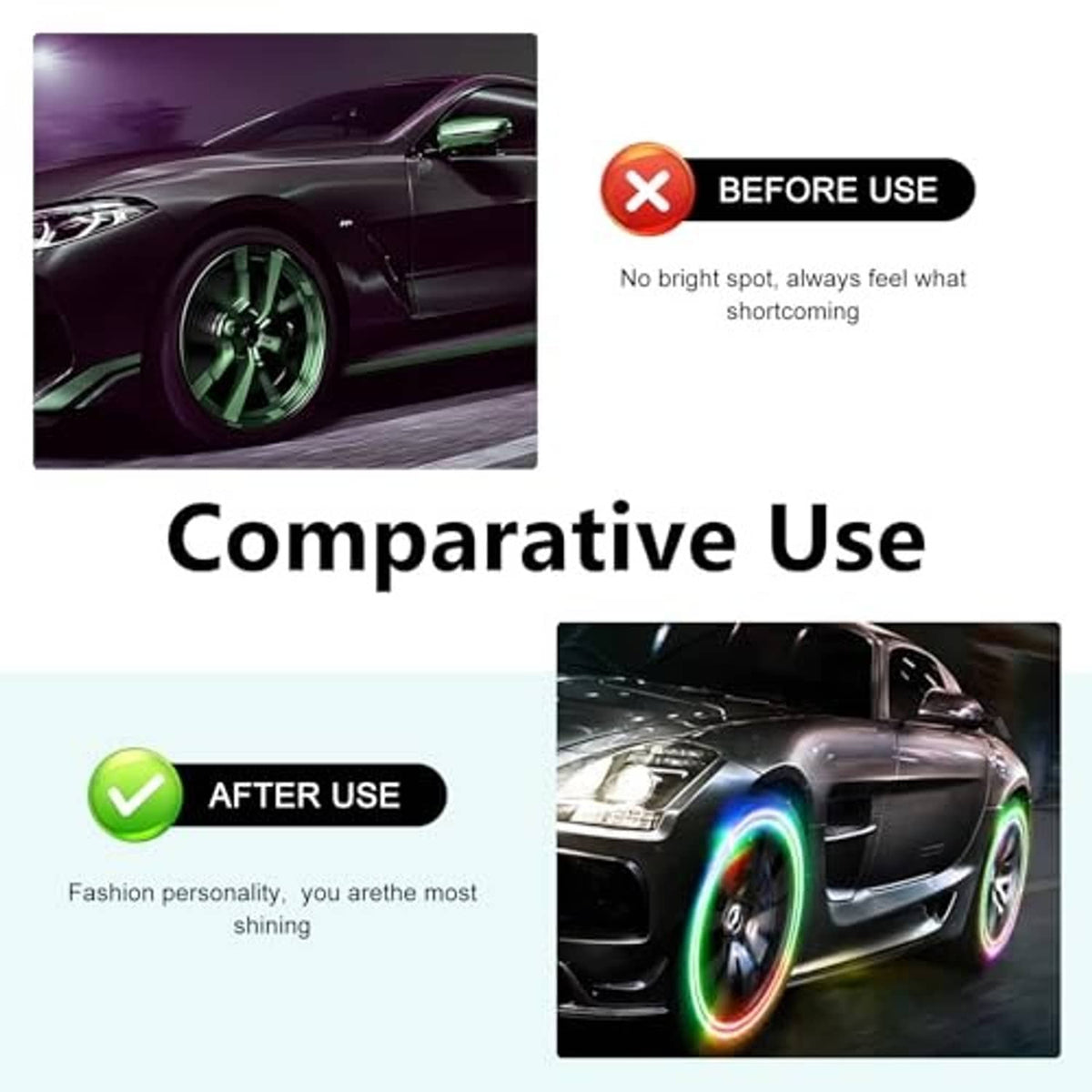 LED tire valve stem caps producing a green glow ring around a car wheel