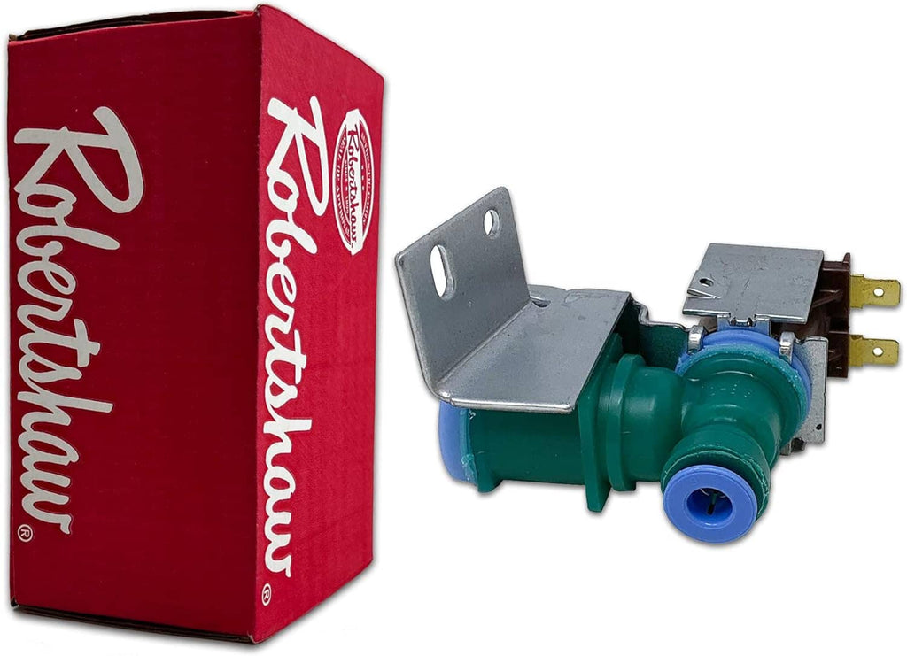 Appliance water inlet valve with turquoise ports, gray bracket, and red product box
