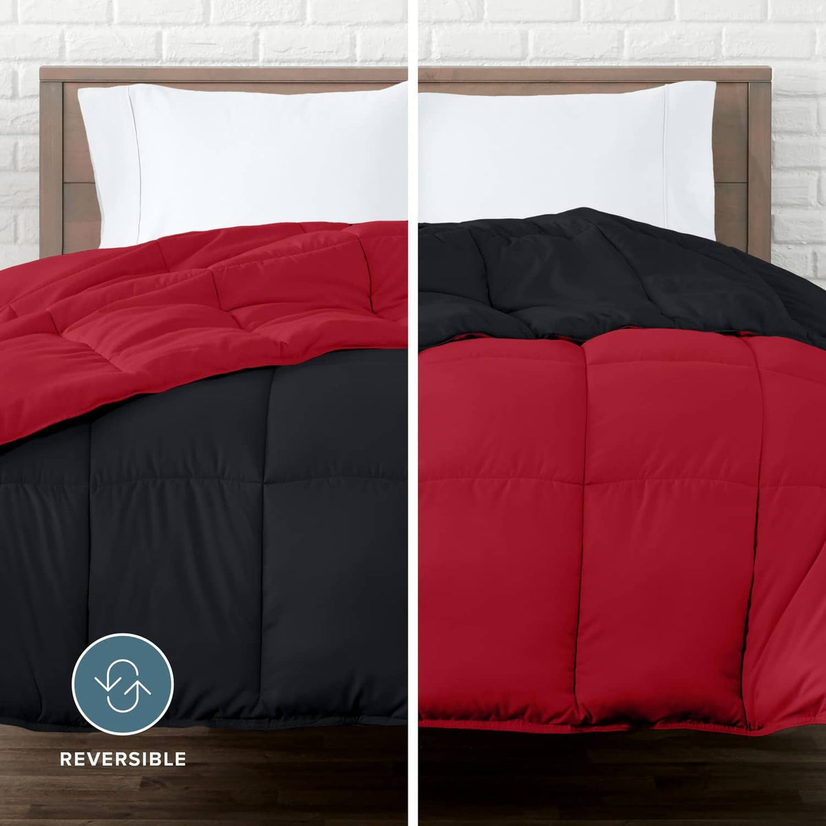Reversible comforter on bed, black and red sides with box baffle quilting.