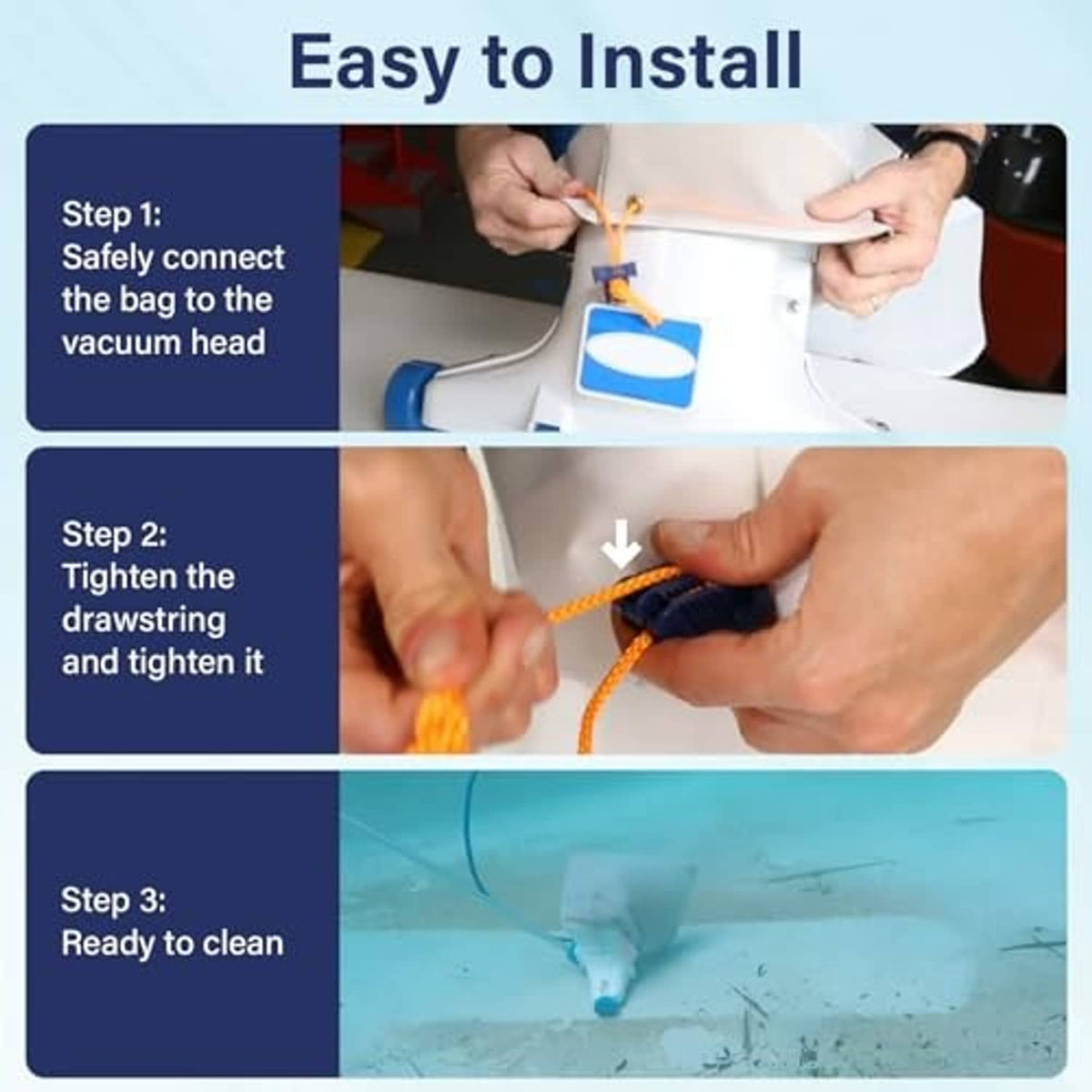 Pool vacuum filter bag installation steps graphic with drawstring tightening