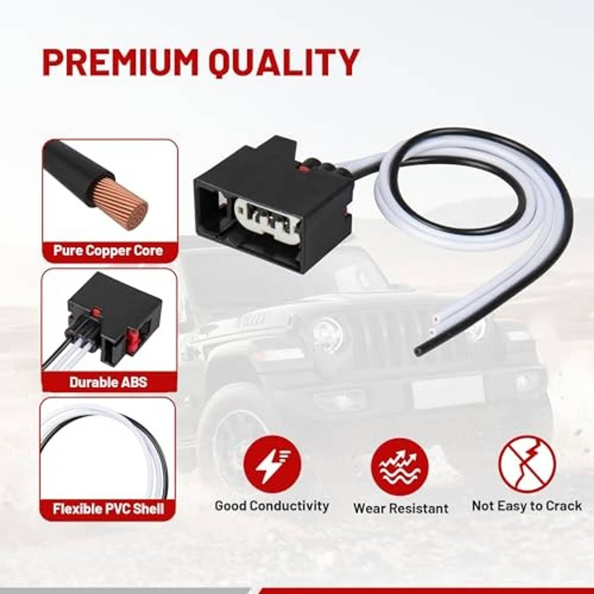 Turn signal connector harness with black ABS plug, white PVC wire, copper core terminals