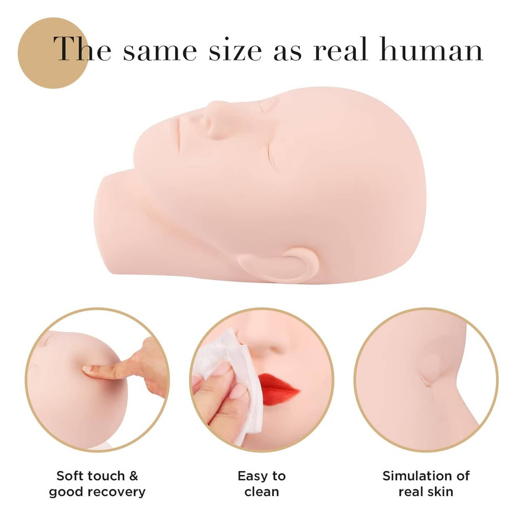 Beige lash training mannequin head in side view with realistic facial contours