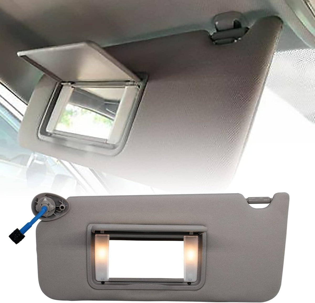 Car sun visor with LED light window and side mounting connector, gray fabric texture