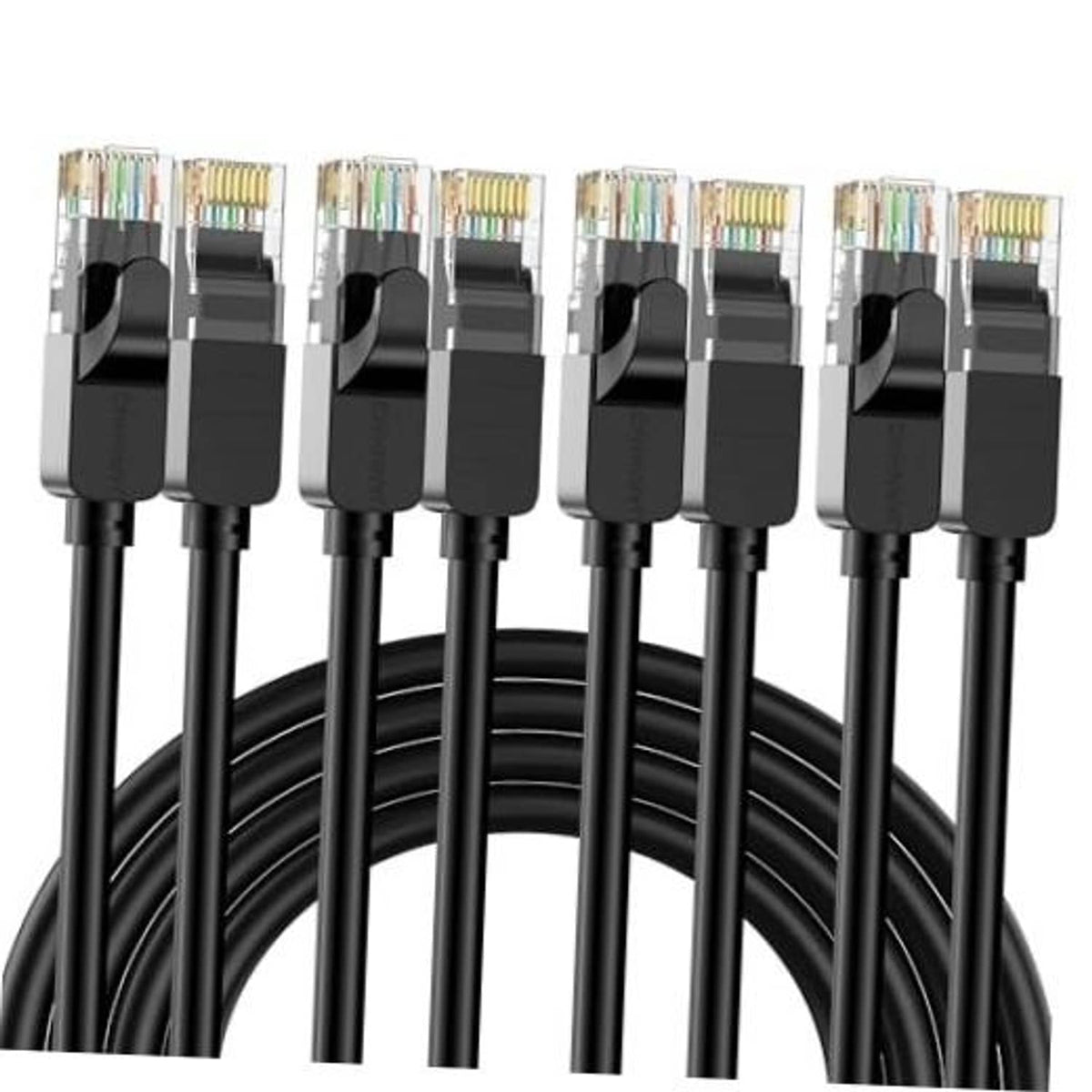 Ethernet cable with multiple RJ45 connectors and black cable bundle, close-up.
